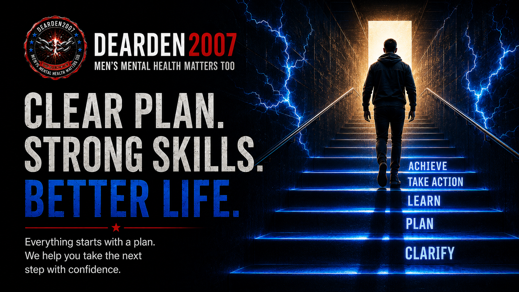 Career planning stairway showing Clarify, Plan, Learn, Take Action, and Achieve.