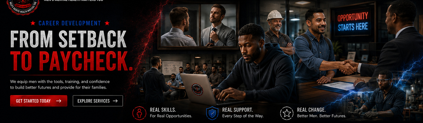 Career development story showing men moving from job-search setbacks toward training, interviews, skilled work, and employment opportunities.