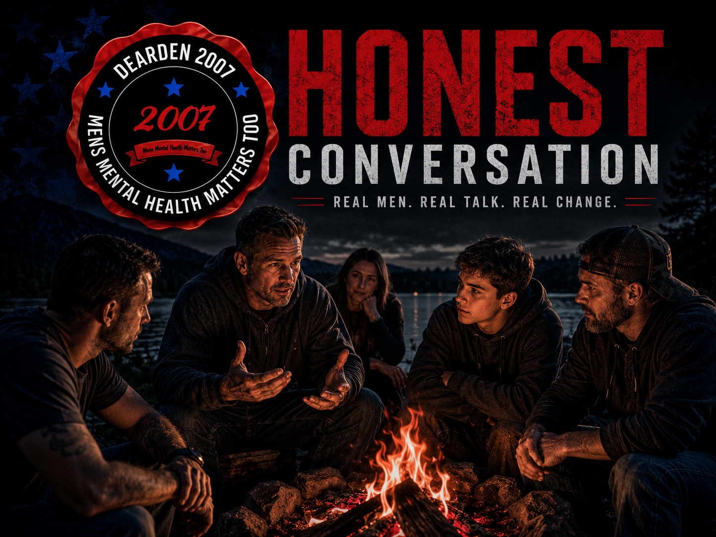 Men having an honest conversation beside a campfire