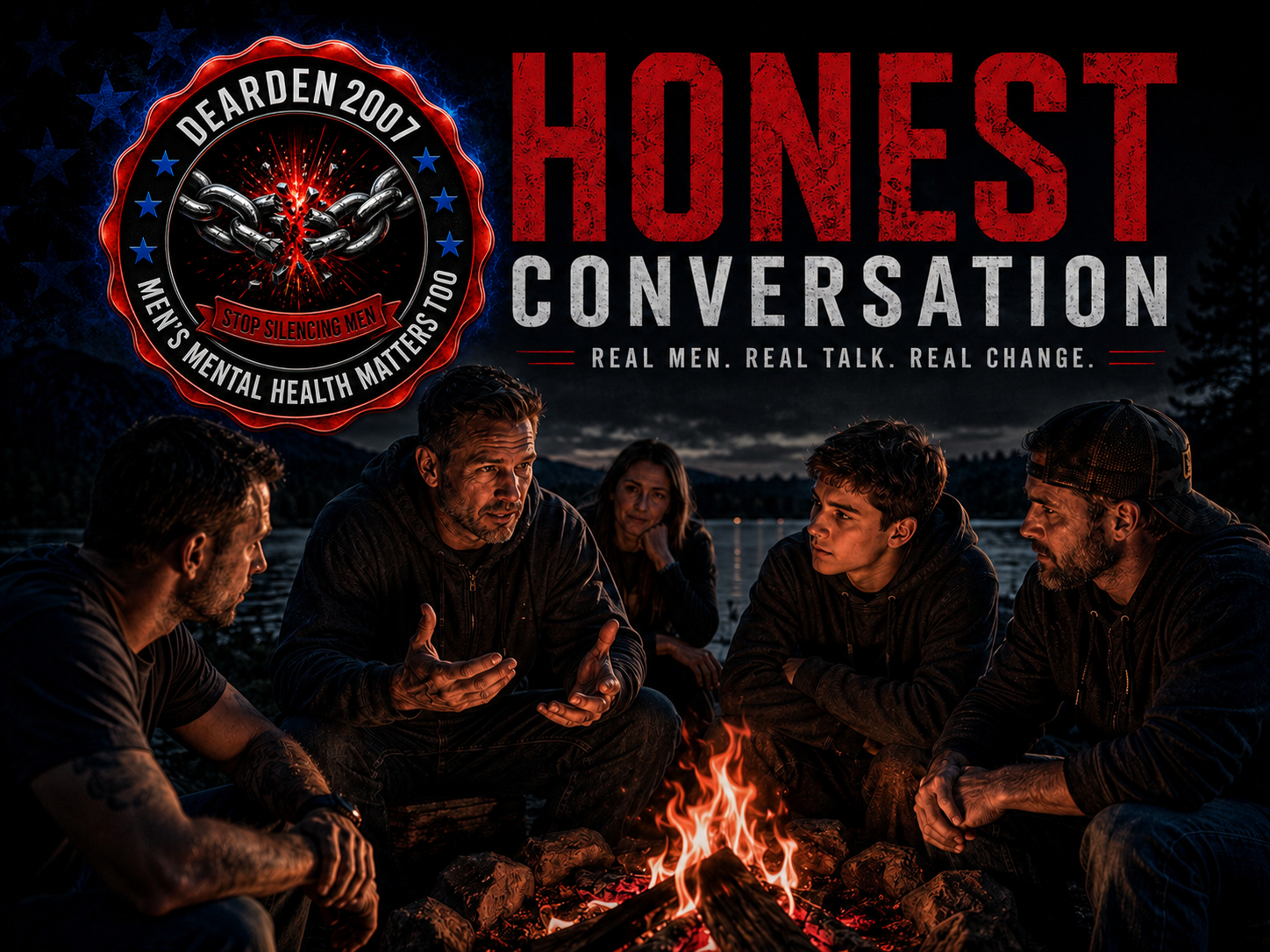 Men having an honest conversation beside a campfire