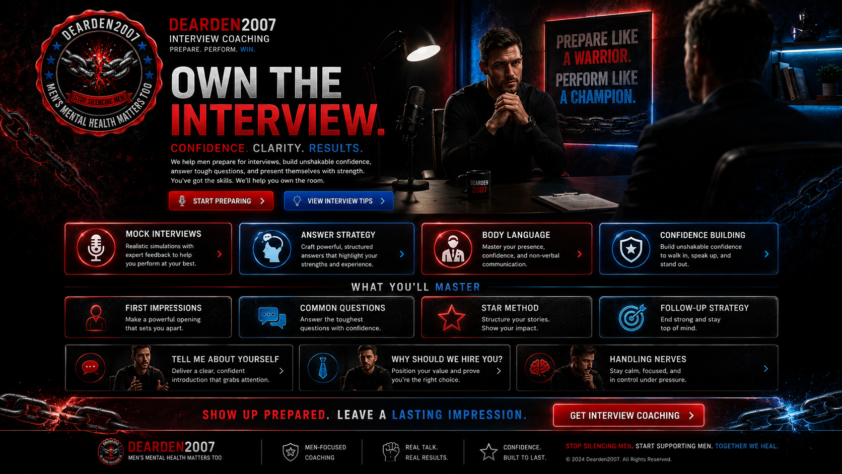 Dearden2007 Interview Coaching hero with red and blue lighting, interview scene, and the message Own the Interview.