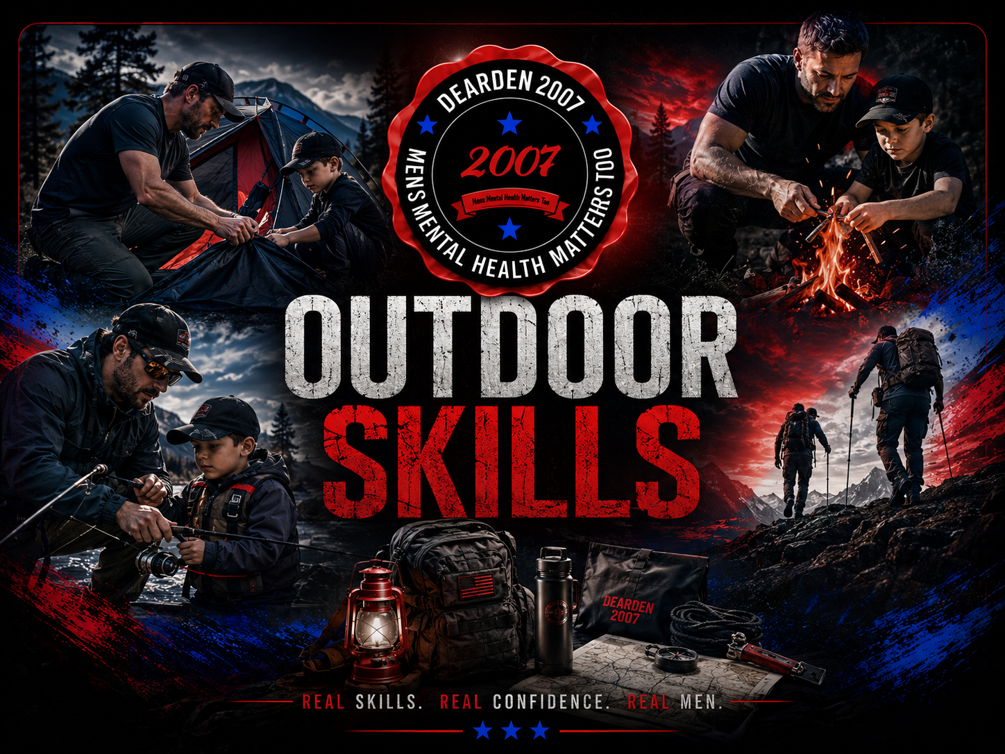 Outdoor skills including camping, fishing, hiking, and fire-starting