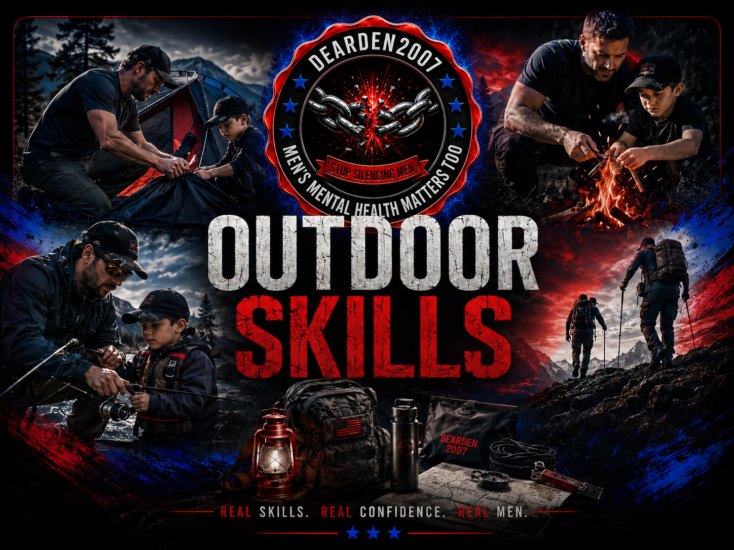 Outdoor skills including camping, fishing, hiking, and fire-starting